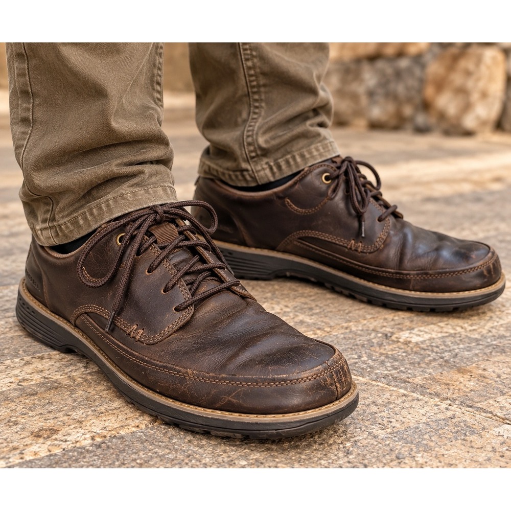 Merrell Mens Brown Leather Lace Up Moc Toe Oxford Shoes M-Select GRIP distressed